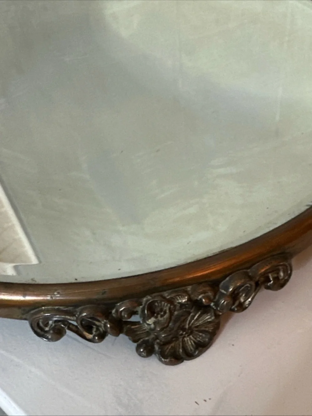 Antique COPPER Mirror Plateau with Raised Feet and Beveled Edge